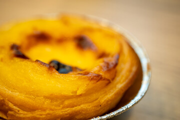 Close-up of Portuguese dessert nata 