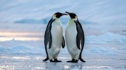 Fototapeta premium Two adorable penguins on snowy ice