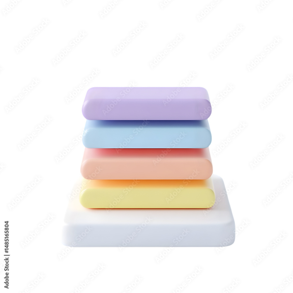 Poster stack of five rectangular items in pastel colors, arranged vertically and displayed against a plain 