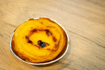 Close-up of Portuguese dessert nata 