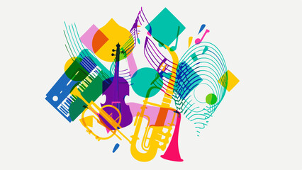 Colorful musical instruments and notes arranged in a dynamic abstract composition art design style © Seth