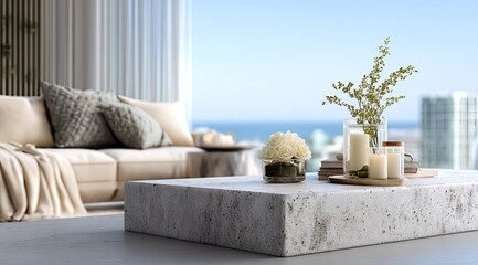 Coastal living room, elegant and serene