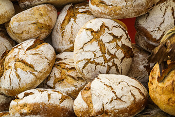 Many rustic fresh bread loaves