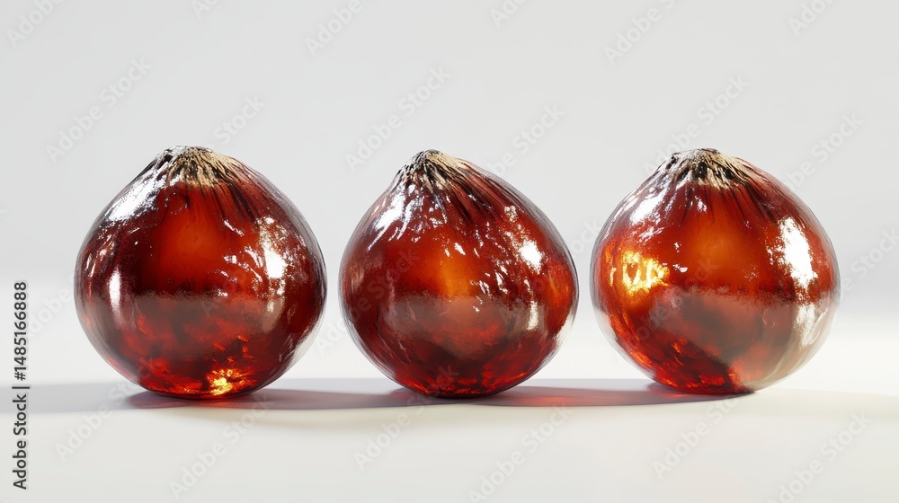 Poster three glossy, dark-red, spherical objects arranged in a row on a white background.