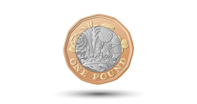 New UK twelve sided pound coin front, isolated on white background. The coin appear on the screen with a captivating style. Animated vector coin. Money animation.