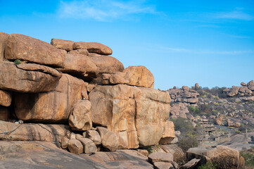 Boulder landscape of Hampi, Tungabhadra river, rocky terrain, South India, Karnataka, cyclopean granite boulders