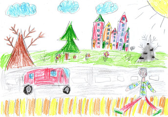 Child drawing buildings and cars. Happy family on a walk. Pencil art in childish style