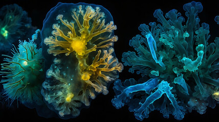 Dark-field microscopy image of marine bioluminescent bacteria glowing naturally in ocean samples, showcasing microbial light emission in aquatic environments.