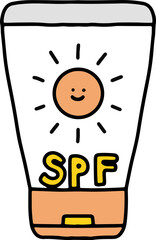 A sunscreen bottle with a smiling sun and SPF label in a cute cartoon style.
Great for summer skincare promotions, travel kits, and kids’ products.