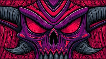 Demon skull with horns artwork, Red and purple fantasy illustration, Concept for gaming, horror or dark art