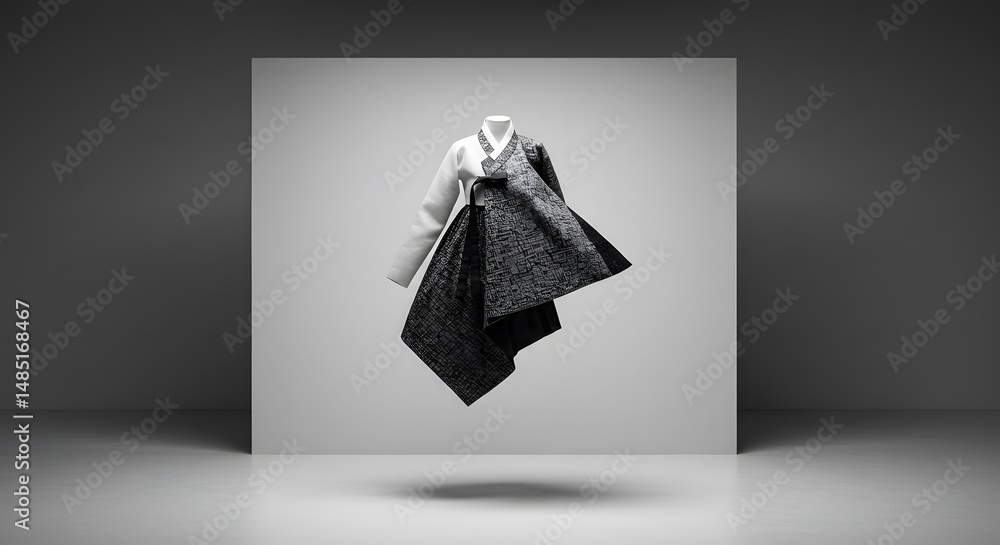 Poster elegant dress mockup with intricate patterns is showcased in a minimalist studio setting today.