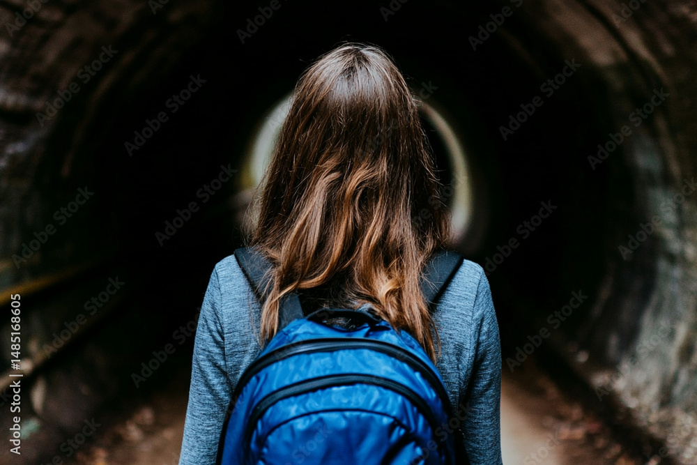Poster person walks through an illuminated tunnel of light showcasing elements of chaos and tranquility in 