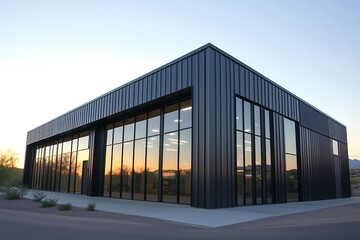 Obraz premium Modern architecture featuring a gray metal facade and expansive glass windows reflects sunset