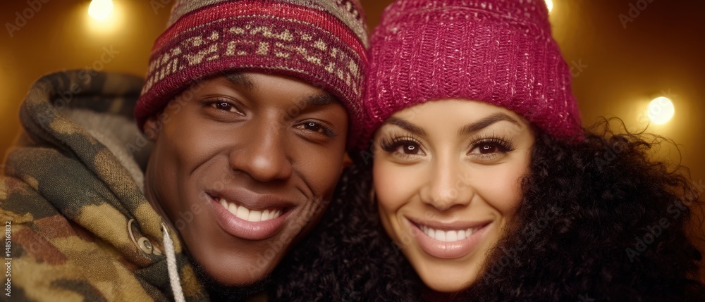 Poster smiling couple with cozy knit hats sharing warm expressions in a festive atmosphere illuminated by s