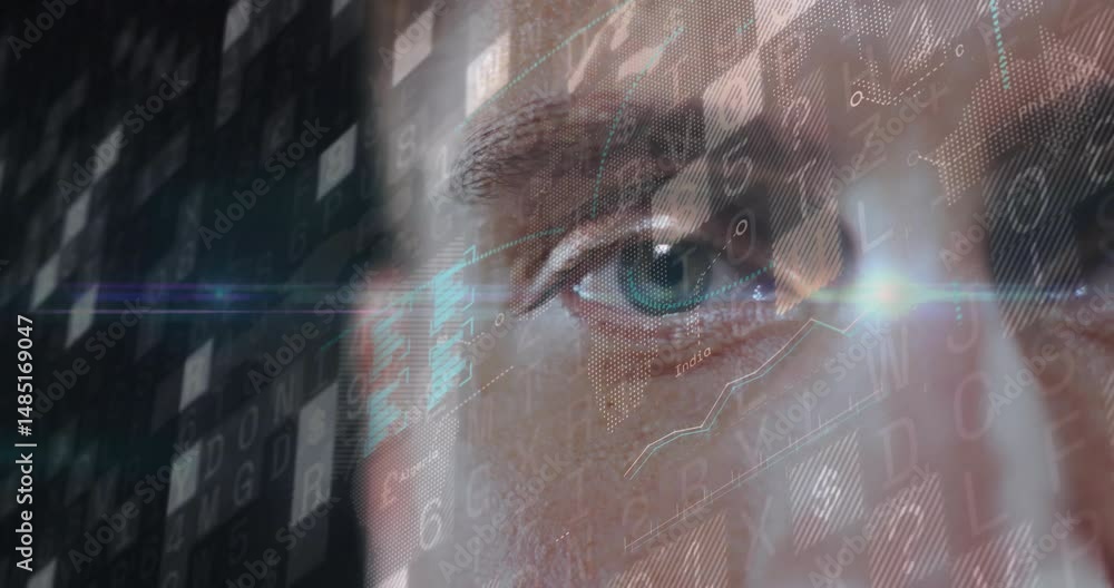 Poster man examining technology interface, showing holographic binary code, data charts, grid patterns