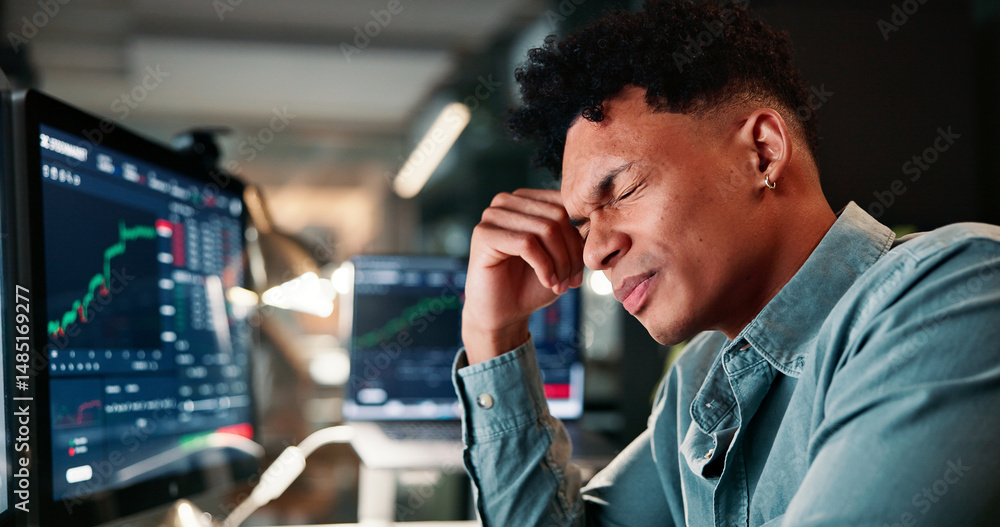 Fototapete man, headache and computer screen with trading, charts or stress for revenue report in office at com