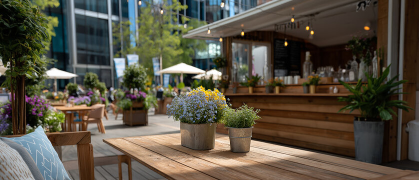 Inviting summer street food setting with fresh flowers and wooden tables in a bustling outdoor area