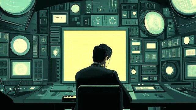 Silhouette figure in futuristic control room.