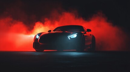High-end car in smoke with glowing lights, Luxury sports car in red haze, Automotive concept for speed or branding themes