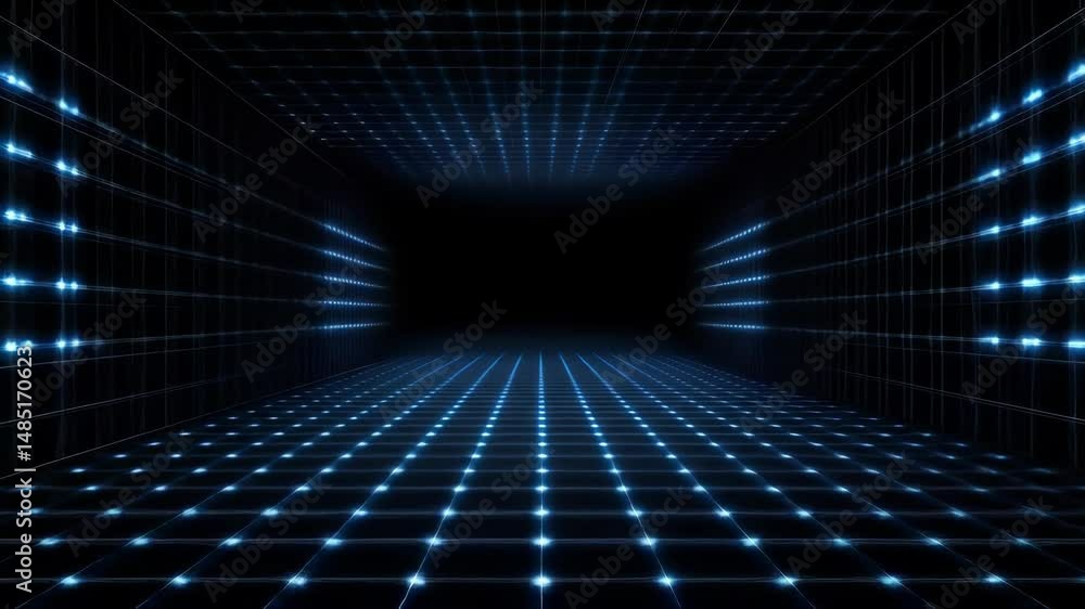 Aufkleber abstract blue illuminated tunnel with geometric grid structure on black background