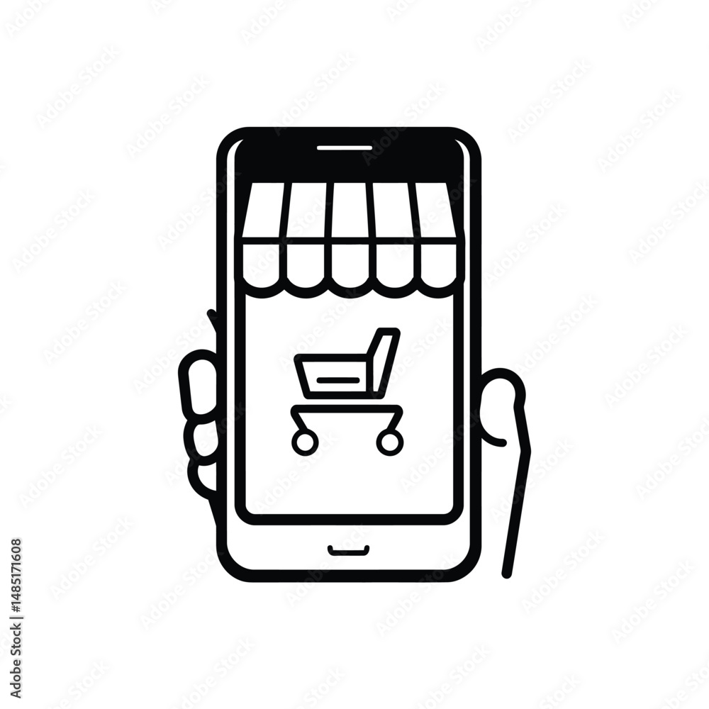 Poster hand holds smartphone displaying market stall and shopping cart icon on screen with transparency