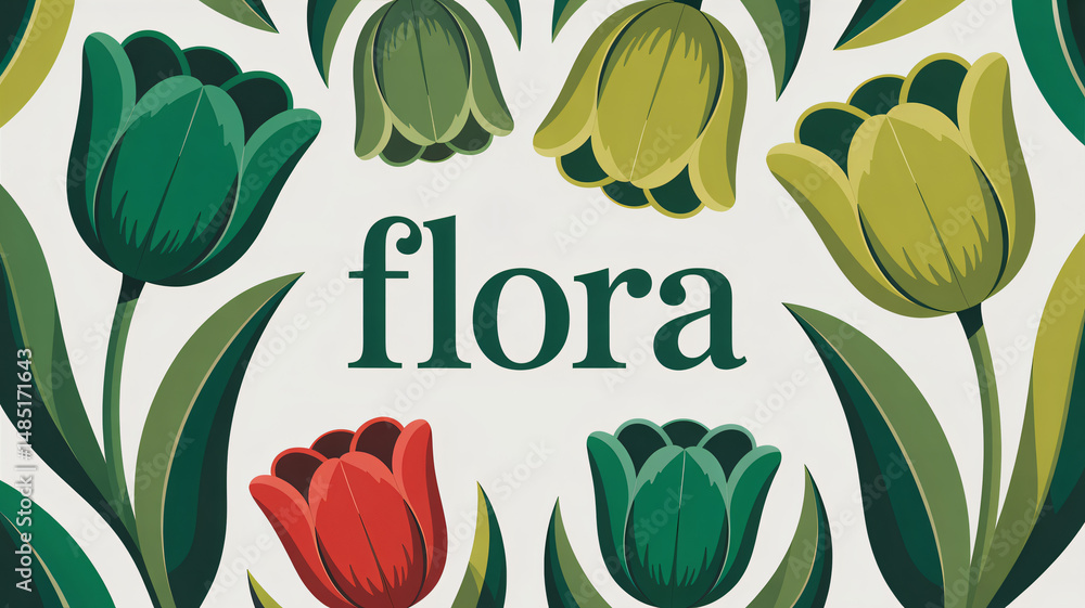 Poster vibrant green botanical pattern of stylized tulips creating a refreshing design