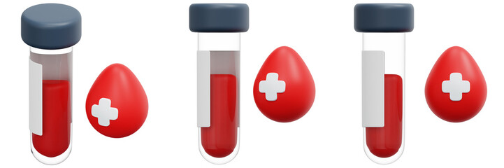 Set of Red Blood Samples in Test Tubes with Plus Symbol 3d Render Icon Illustration