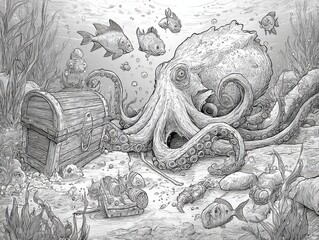 Underwater scene showcasing a large octopus and a treasure chest.