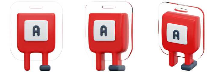 Set of Red Blood Bag With A Blood Type Label 3d Render Icon Illustration