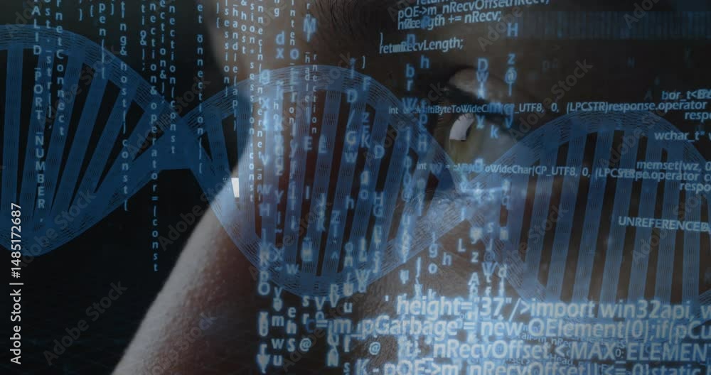 Poster man analyzing dna data with floating code and helix in futuristic bioinformatics interface