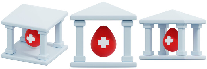 Obraz premium Set of Red Blood Drop with White Cross Inside White Classical Building 3d Render Icon Illustration