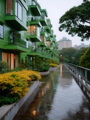 Fototapeta premium Modern green apartment buildings with large windows and balconies along a rainy pathway in an urban area