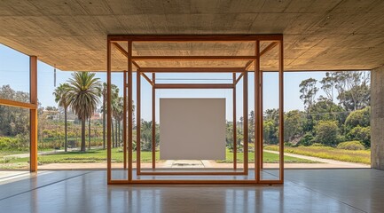 Modern gallery interior with a light beige backdrop