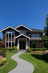 Fototapeta premium Modern Brown Home Exterior with Green Lawn, Garden and Blue Sky Landscape View