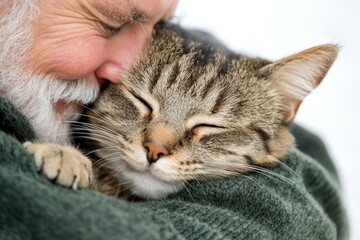 Elderly man lovingly cuddling a happy tabby cat on blurred background with copy space