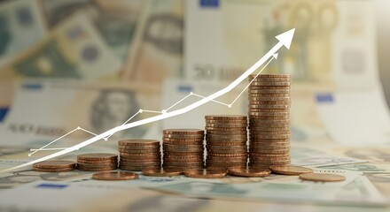 Growing Euro Savings: Coin Stacks and Upward Trend on Banknote Background