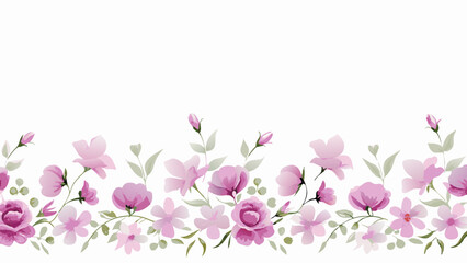 Watercolor floral border with pink roses and blossoms arranged in a decorative pattern on white background