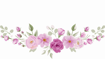 Floral arrangement featuring pink roses buds and light green leaves in a watercolor style banner element