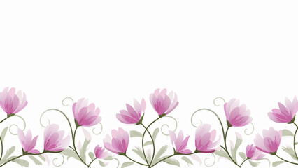 Delicate floral border with pink translucent flowers and swirling stems against a white background design art
