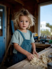 Fototapeta premium Young Child Playing with Sand in Indoor Workshop Setting with Wooden Walls and Tools