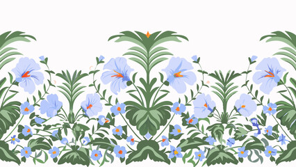 Floral border with light blue hibiscus flowers and green leaves on a white background, symmetrical design