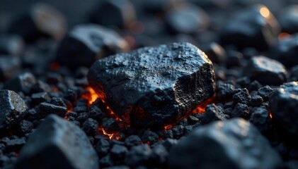 Close-up of glistening black coal, textured surface, energy crisis, environment