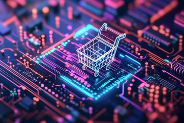 Obraz premium Digital shopping cart on illuminated circuit board.
