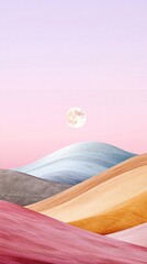 Pastel Hills Under a Purple Twilight Sky with a Full Moon
