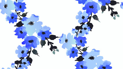Watercolor painting of blue flowers with dark foliage on a white background creating a floral pattern