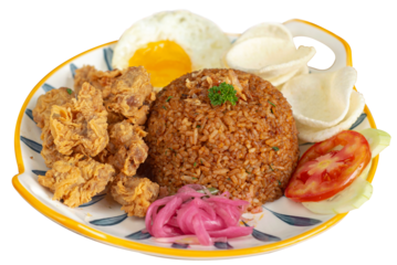 Traditional fried rice with chicken popcorn as topping. Served with sunny side up, crackers, shallots pickle and sliced tomatos. Perfect for menu, advertising or commercial use. Isolated photo