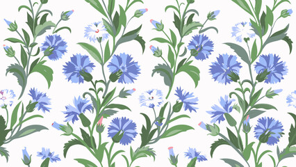 Seamless pattern with blue cornflowers and green leaves on a white background in a floral arrangement