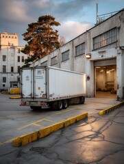 Naklejka premium White Delivery Truck at Warehouse Dock During Sunset with Industrial Building and Tree in Background