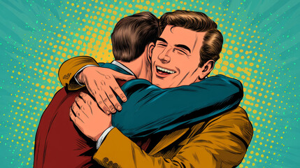 Obraz premium The two men happily cuddling, friendship, pop art retro vector illustration. Human emotions