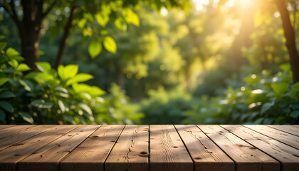 Empty Wooden Planks, Nature Backdrop with Soft Sunlight. Versatile Table Surface for Product Shots, Rural Backgrounds, Greenery & Light.